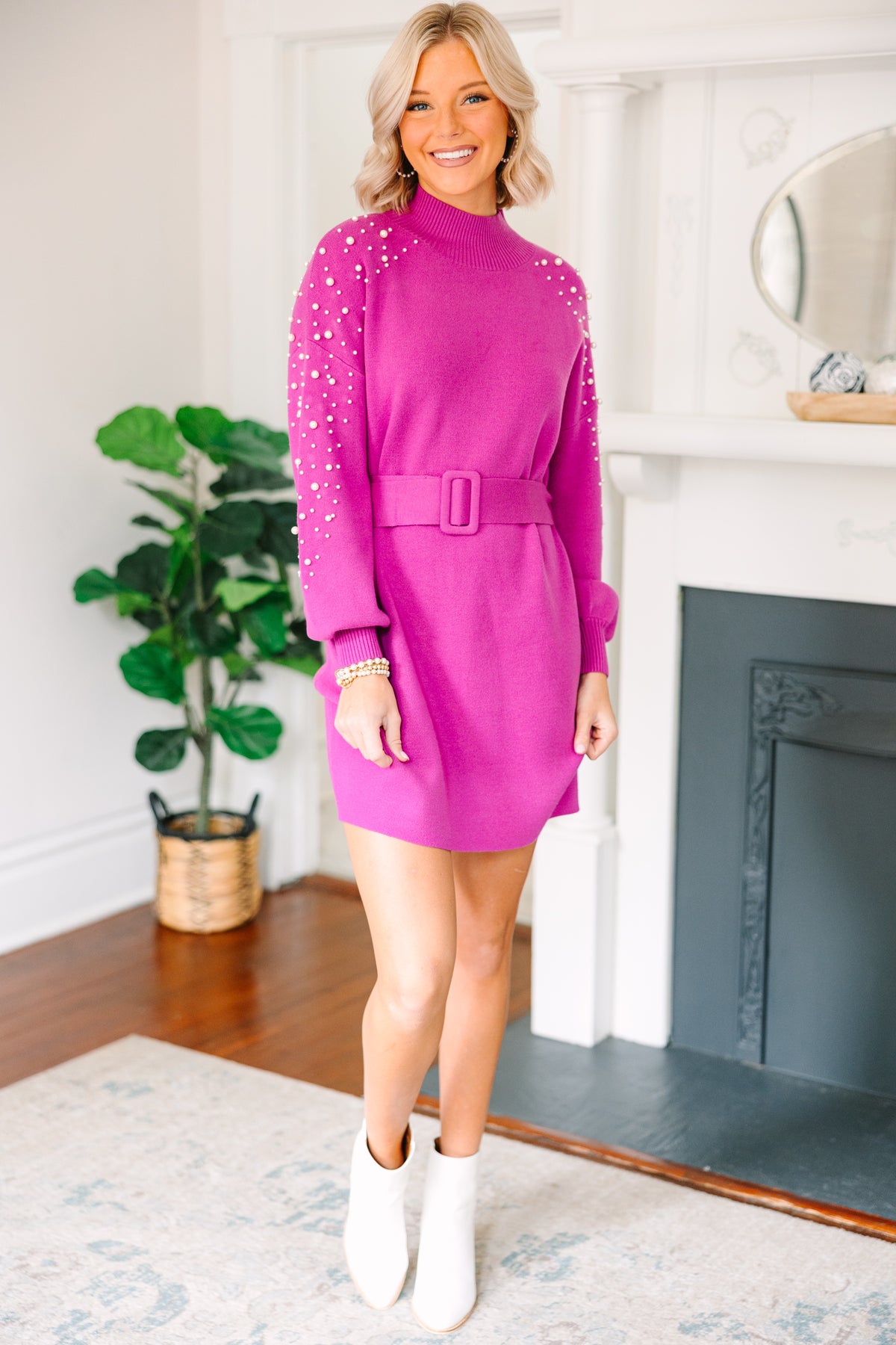 Pink pearl fashion sweater dress