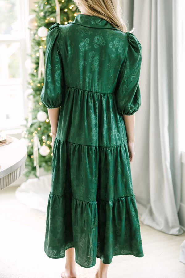 All The Love Emerald Green Floral Satin Midi Dress