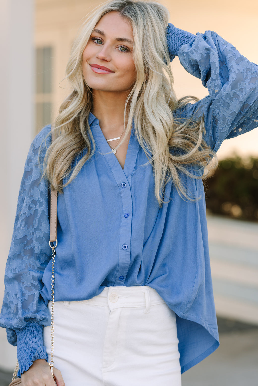 Certain Love Dusty Blue Lace Sleeve Blouse – Shop the Mint