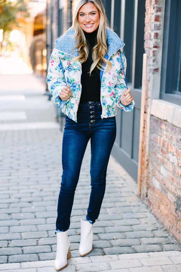 Take You Out Blue Floral Puffer Jacket