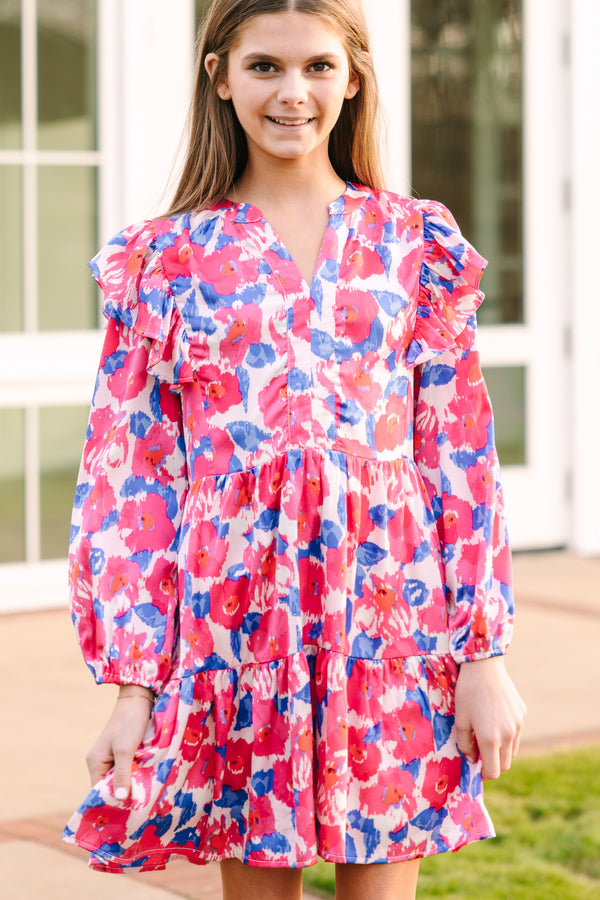 Girls: At This Time Pink Floral L/S Babydoll Dress