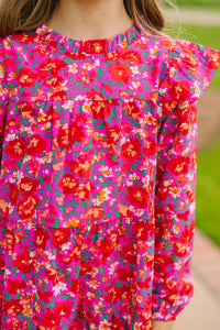 Girls: Make My Day Fuchsia Pink Ditsy Floral L/S Babydoll Dress