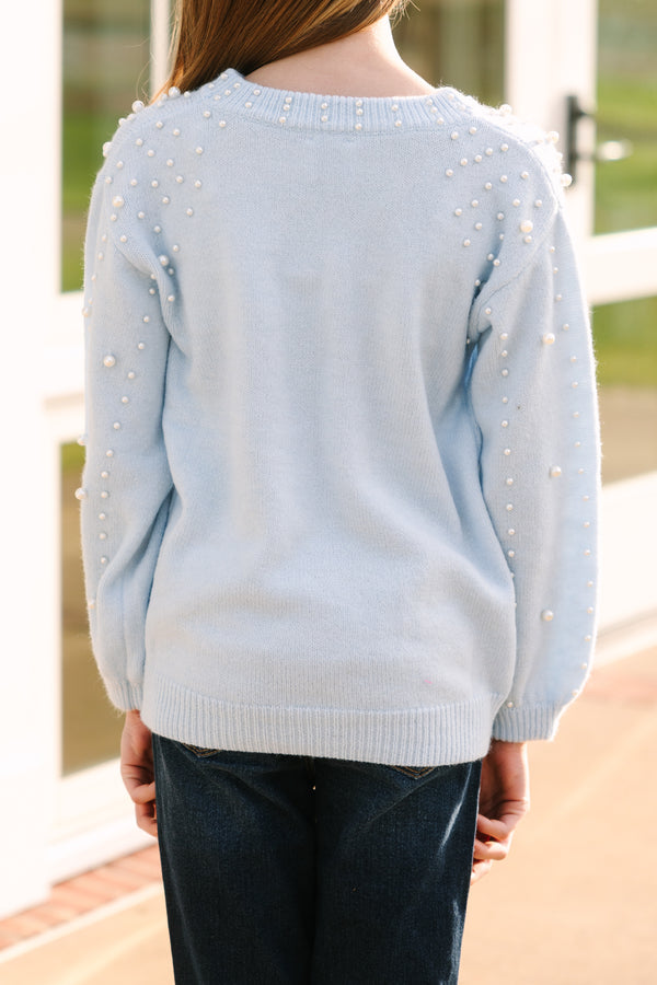 Girls: Can't Help But Love Light Blue Pearl Studded Sweater