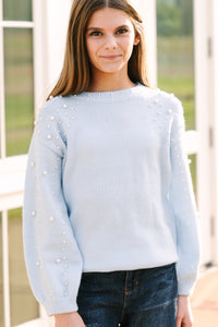 Girls: Can't Help But Love Light Blue Pearl Studded Sweater
