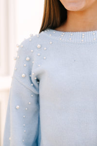 Girls: Can't Help But Love Light Blue Pearl Studded Sweater