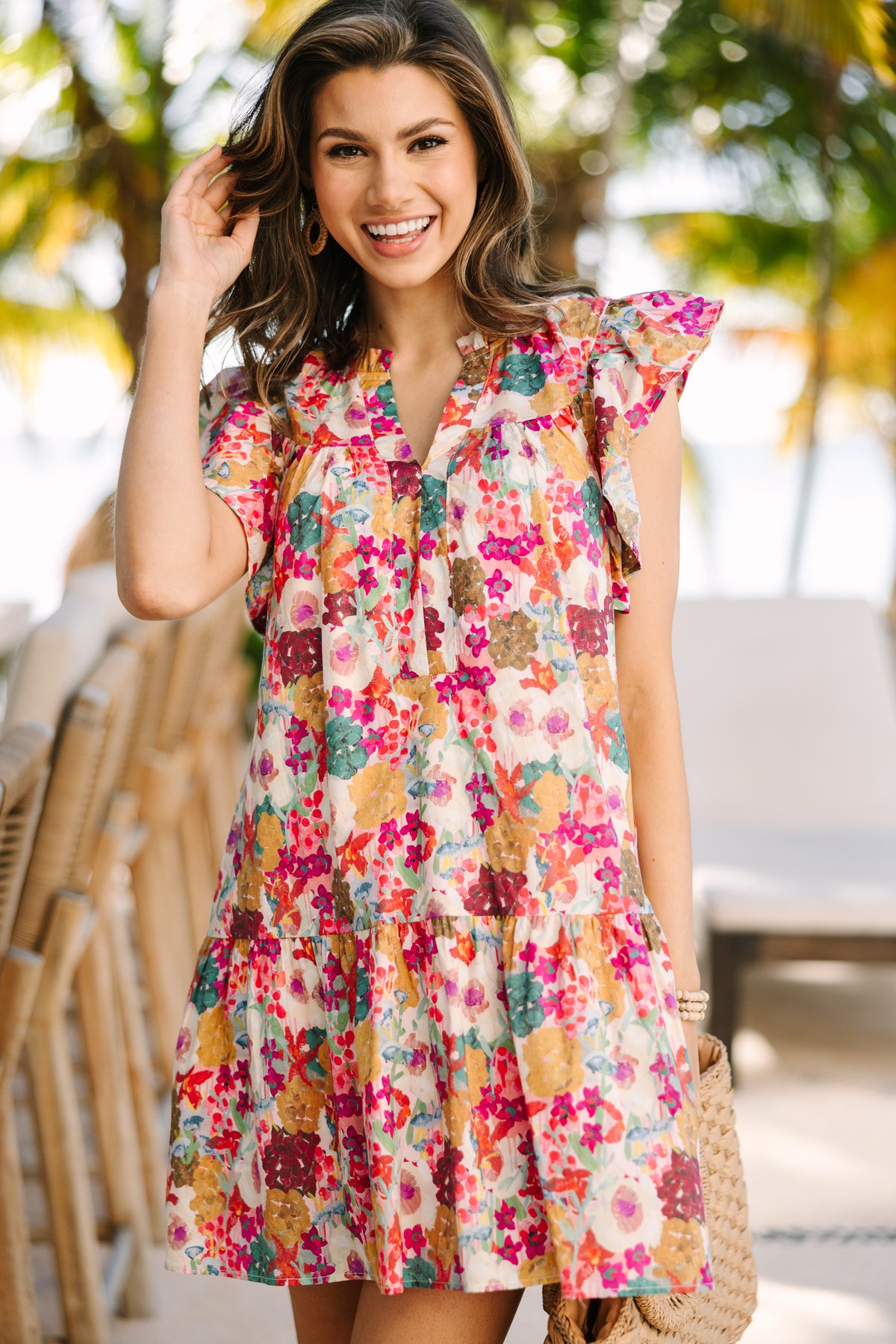 FUCHSIA PINK FLOWERS SHIRT DRESS