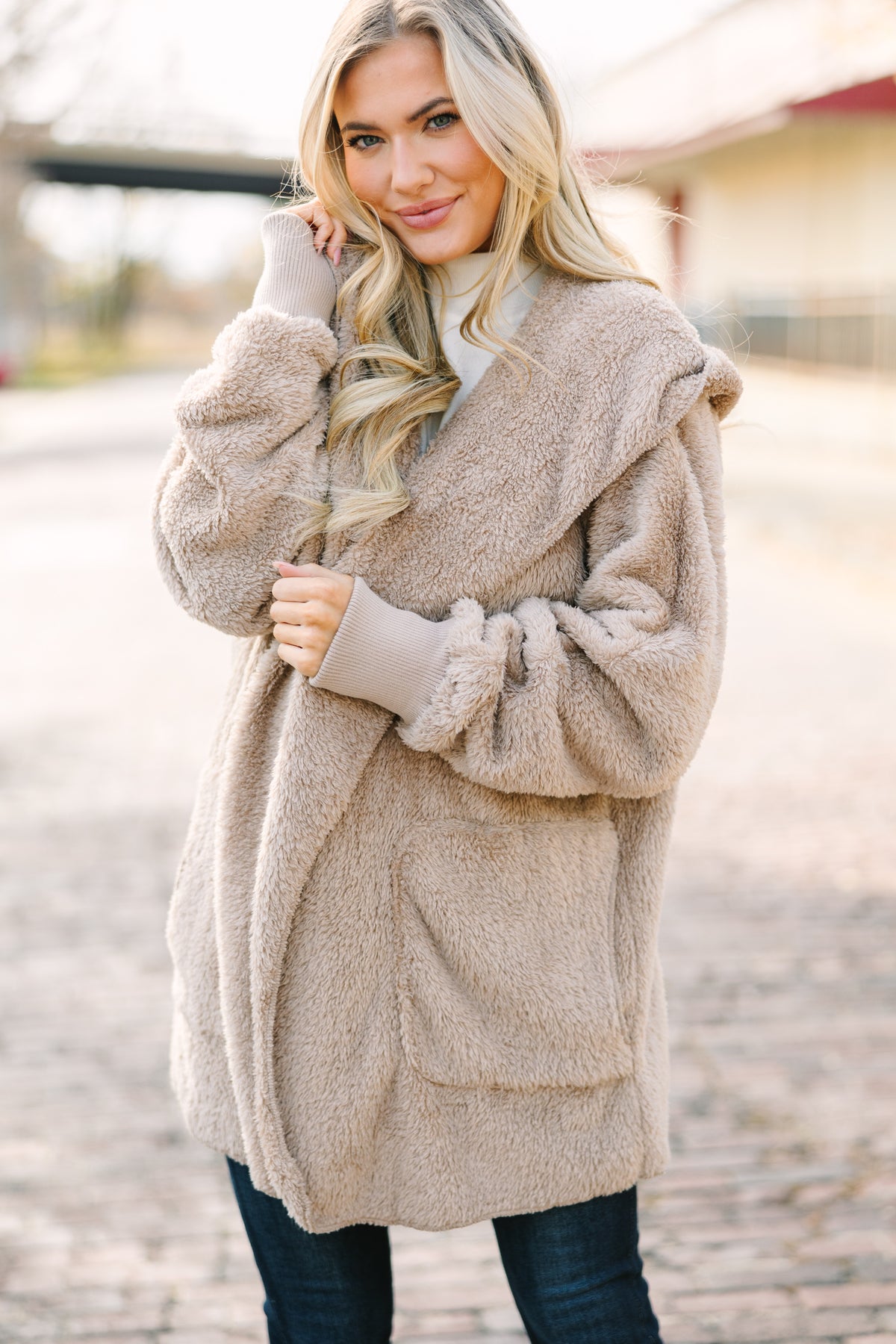 ジャケット・アウター Faux Fur Hoodie Duffle Coat nude petal S All An Act Taupe Brown Faux Fur Jacket – Shop the Mint