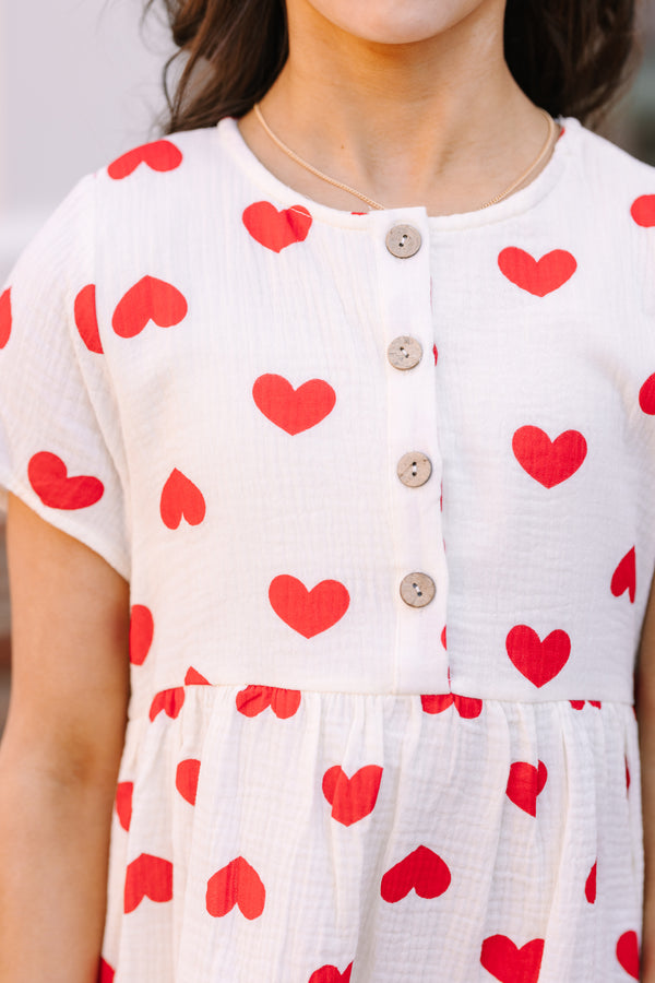 Girls: So Much Love Cream White Heart Print Dress