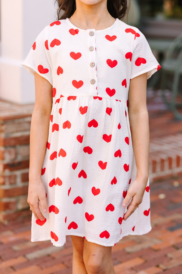Girls: So Much Love Cream White Heart Print Dress