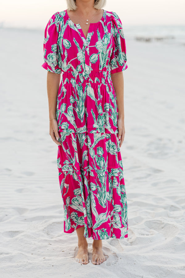All You Hot Pink Floral Midi Dress