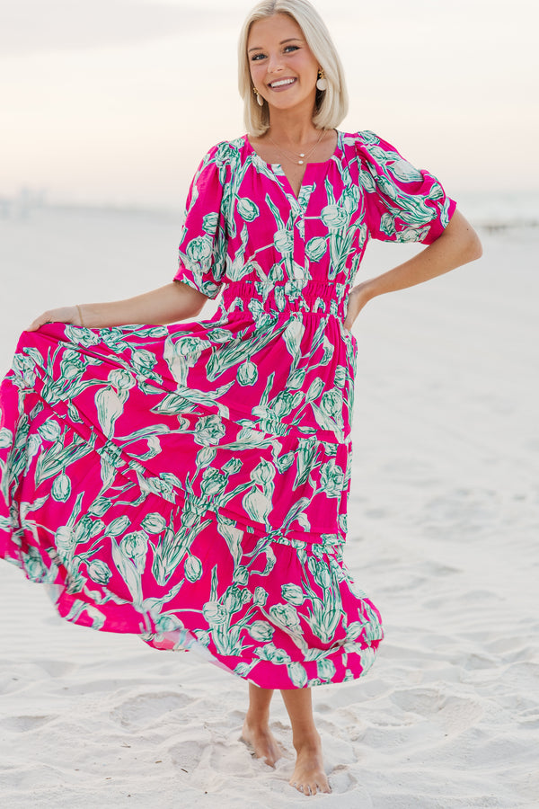 All You Hot Pink Floral Midi Dress