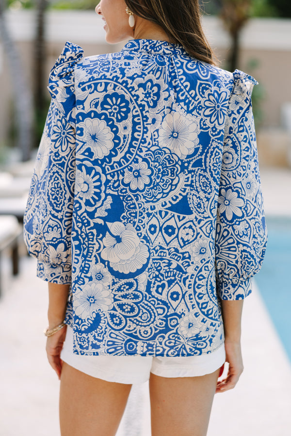 Keep It Up Blue Floral Ruffled Blouse