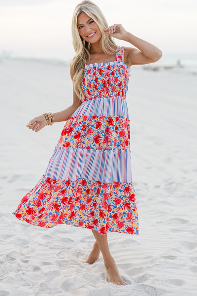 red white and blue midi dress Just For Us Red Mixed Print Midi Dress – Shop the Mint