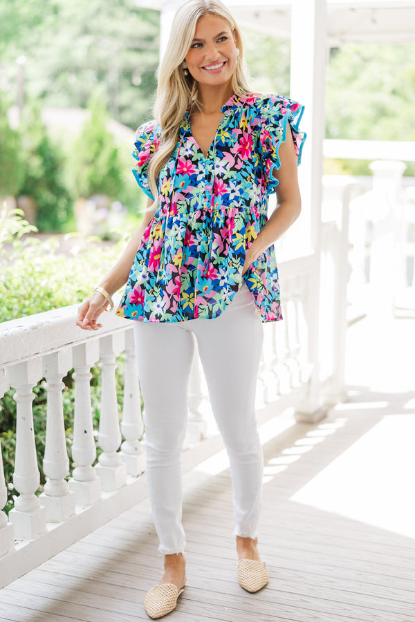 Looking For Joy Blue Ditsy Floral Blouse