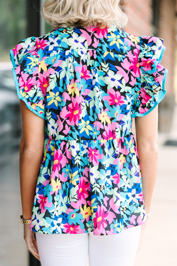 Looking For Joy Blue Ditsy Floral Blouse