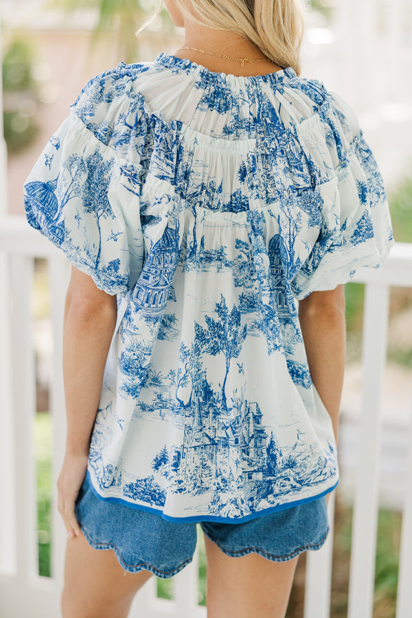Pull It Together White & Blue Toile Blouse