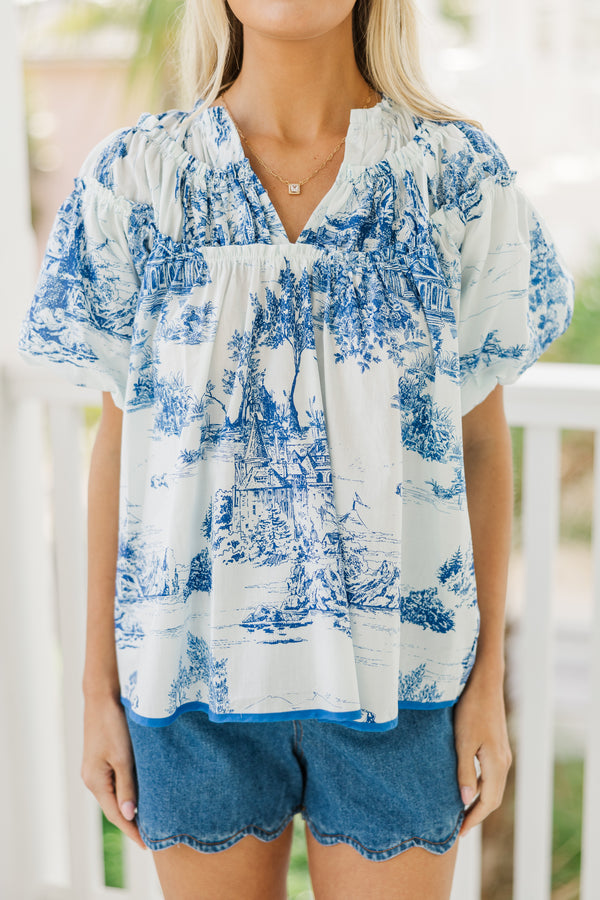 Pull It Together White & Blue Toile Blouse