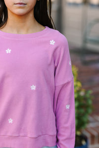 Girls: See You Later Pink Flroal Embroidered Pullover