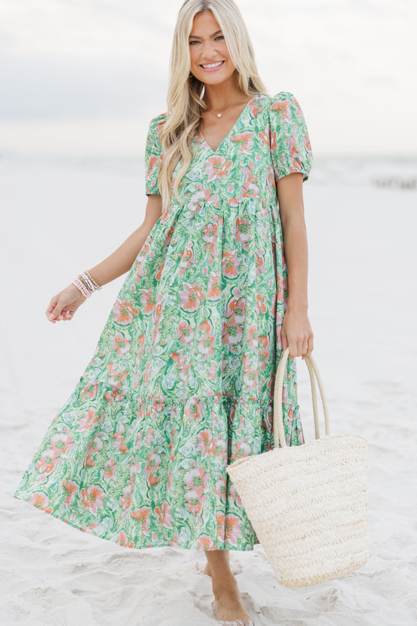 See You Soon Green Ditsy Floral Midi Dress