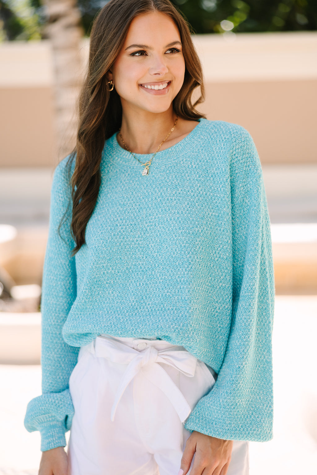 The Slouchy Turquoise Blue Bubble Sleeve Sweater – Shop the Mint