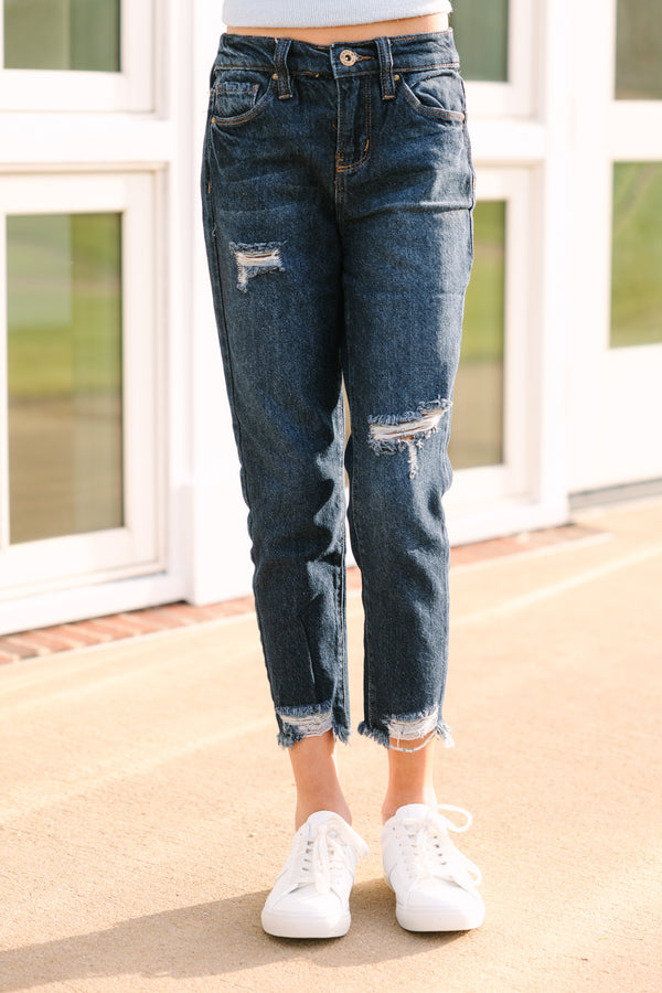 Girls: Live Your Life Ripped Dark Indigo High Waist Relaxed Fit Jeans