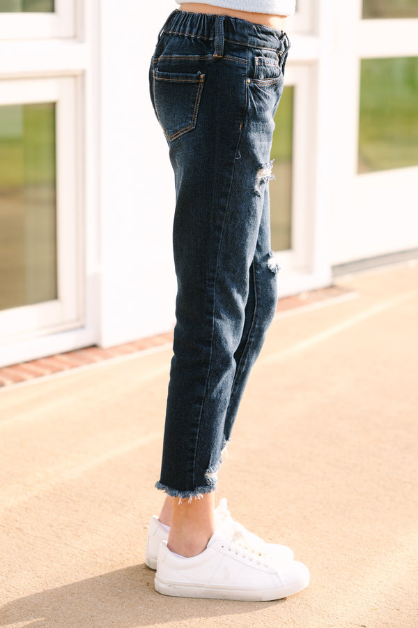 Girls: Live Your Life Ripped Dark Indigo High Waist Relaxed Fit Jeans
