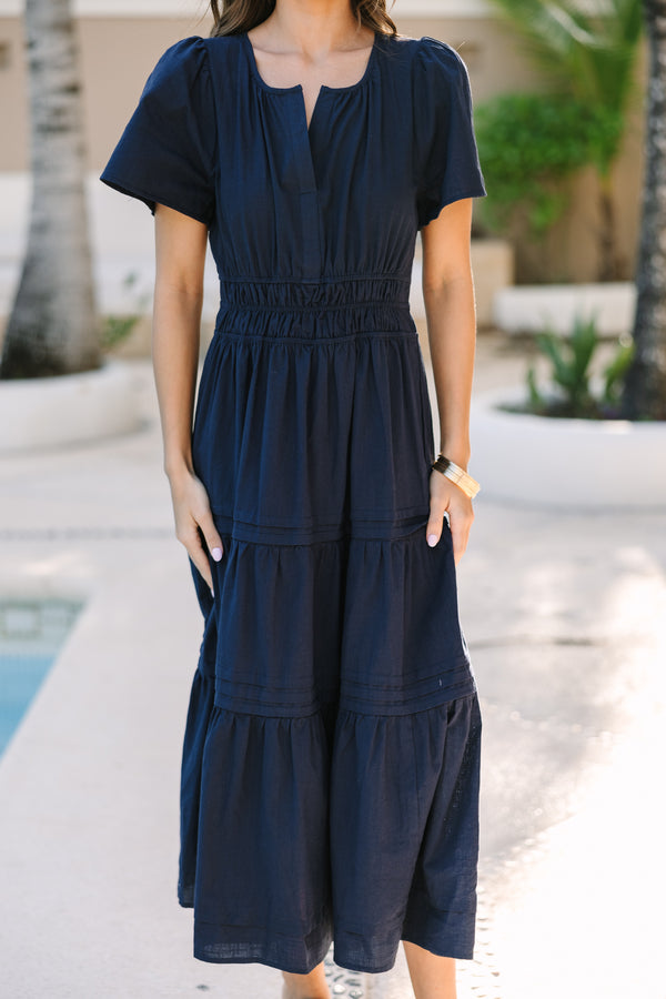 It's In The Air Navy Blue Tiered Midi Dress