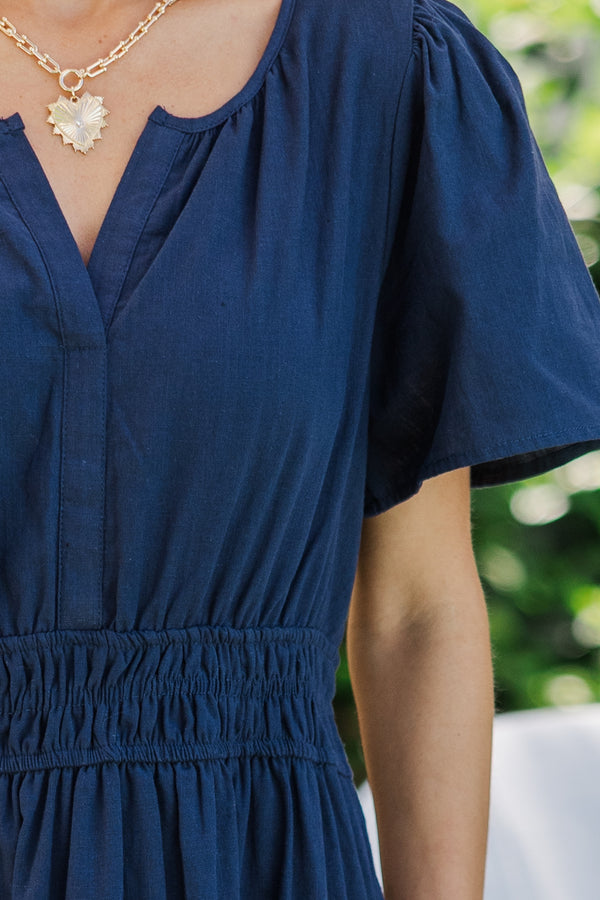 It's In The Air Navy Blue Tiered Midi Dress