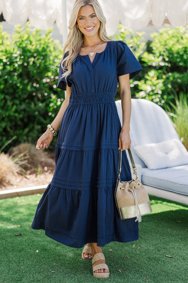It's In The Air Navy Blue Tiered Midi Dress