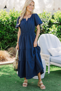It's In The Air Navy Blue Tiered Midi Dress