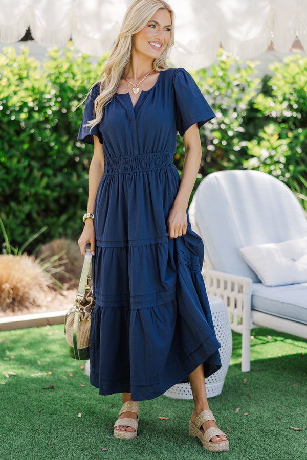 It's In The Air Navy Blue Tiered Midi Dress