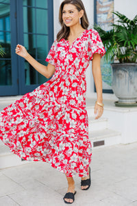 It's In The Air Red Floral Tiered Midi Dress