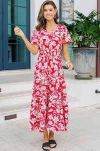 It's In The Air Red Floral Tiered Midi Dress