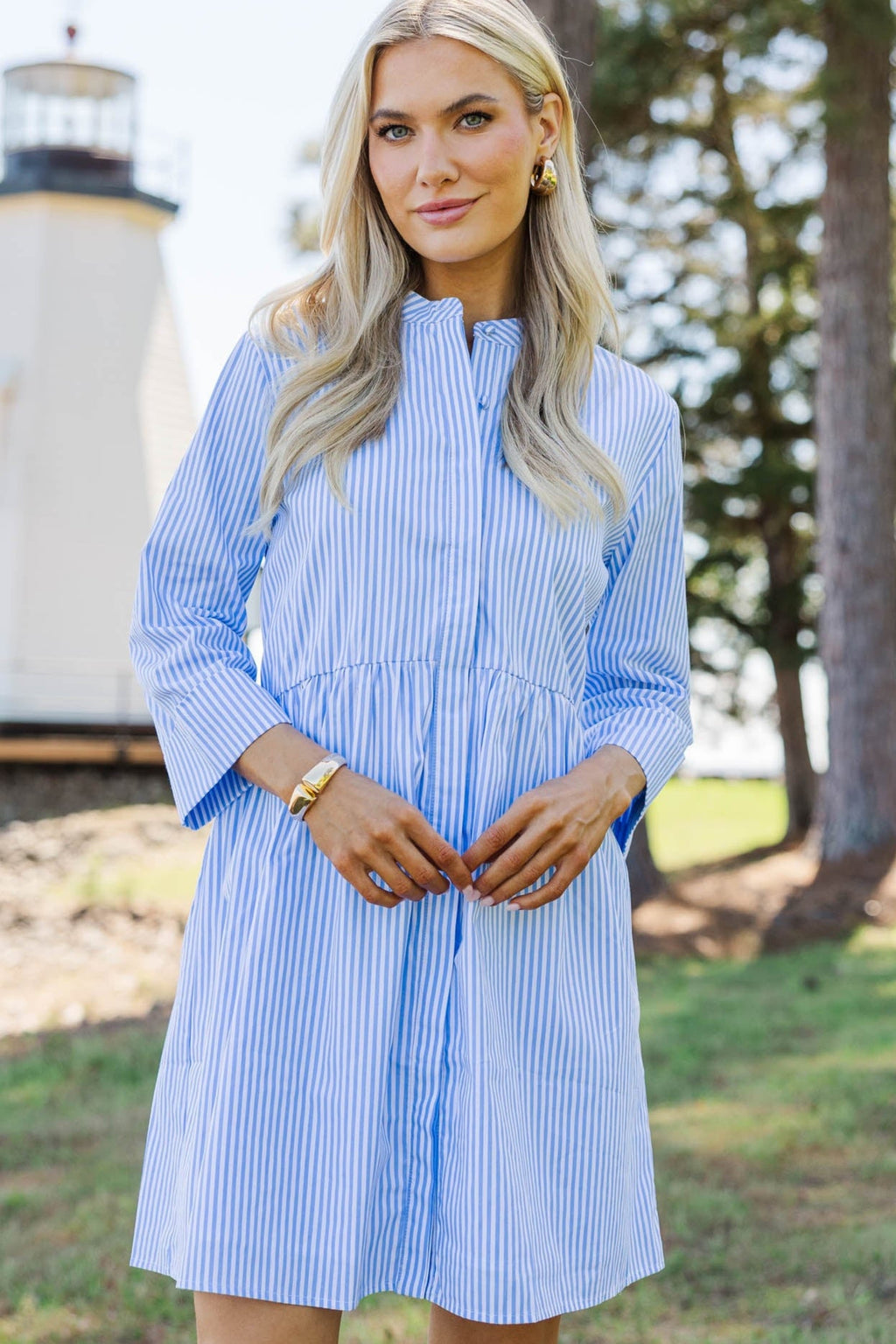 white blue shirt dress Blue & White Stripe Button Front Mini Dress - All Dresses