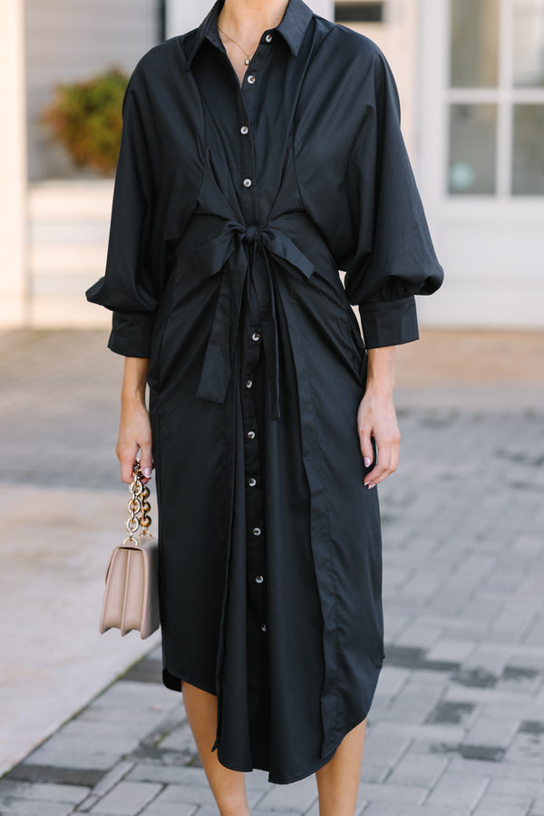 black midi dresses with long sleeves In Your League Black Button Down Midi Dress, Small - The Mint Julep Boutique