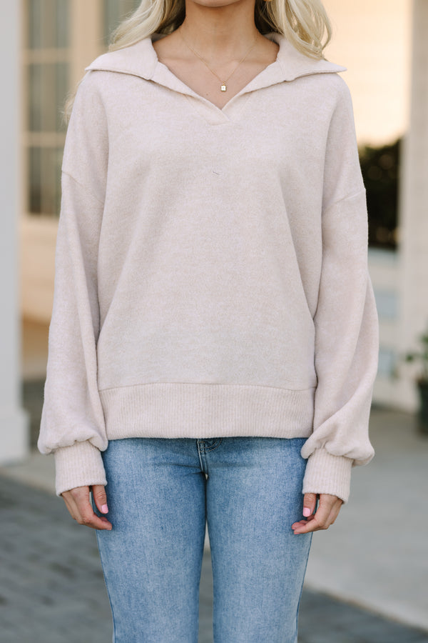 Just Believe Oatmeal Brown Collared Knit Top
