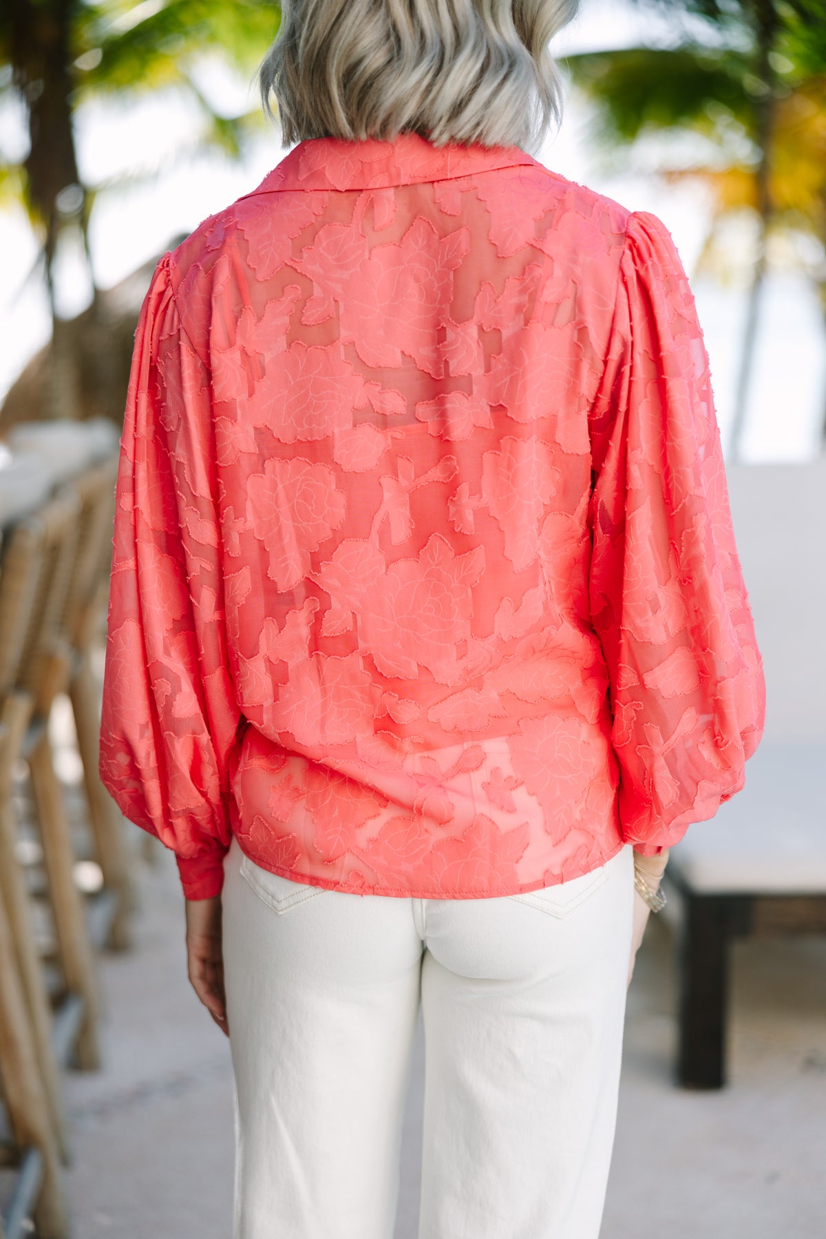 Textured Balloon Sleeve Blouse in Pink