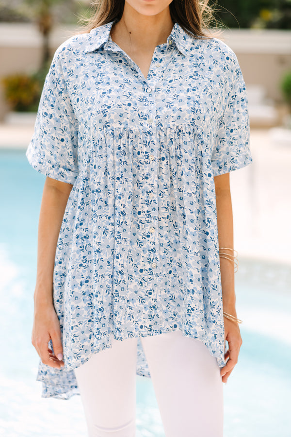 Can't Leave You Behind Blue Floral Tunic