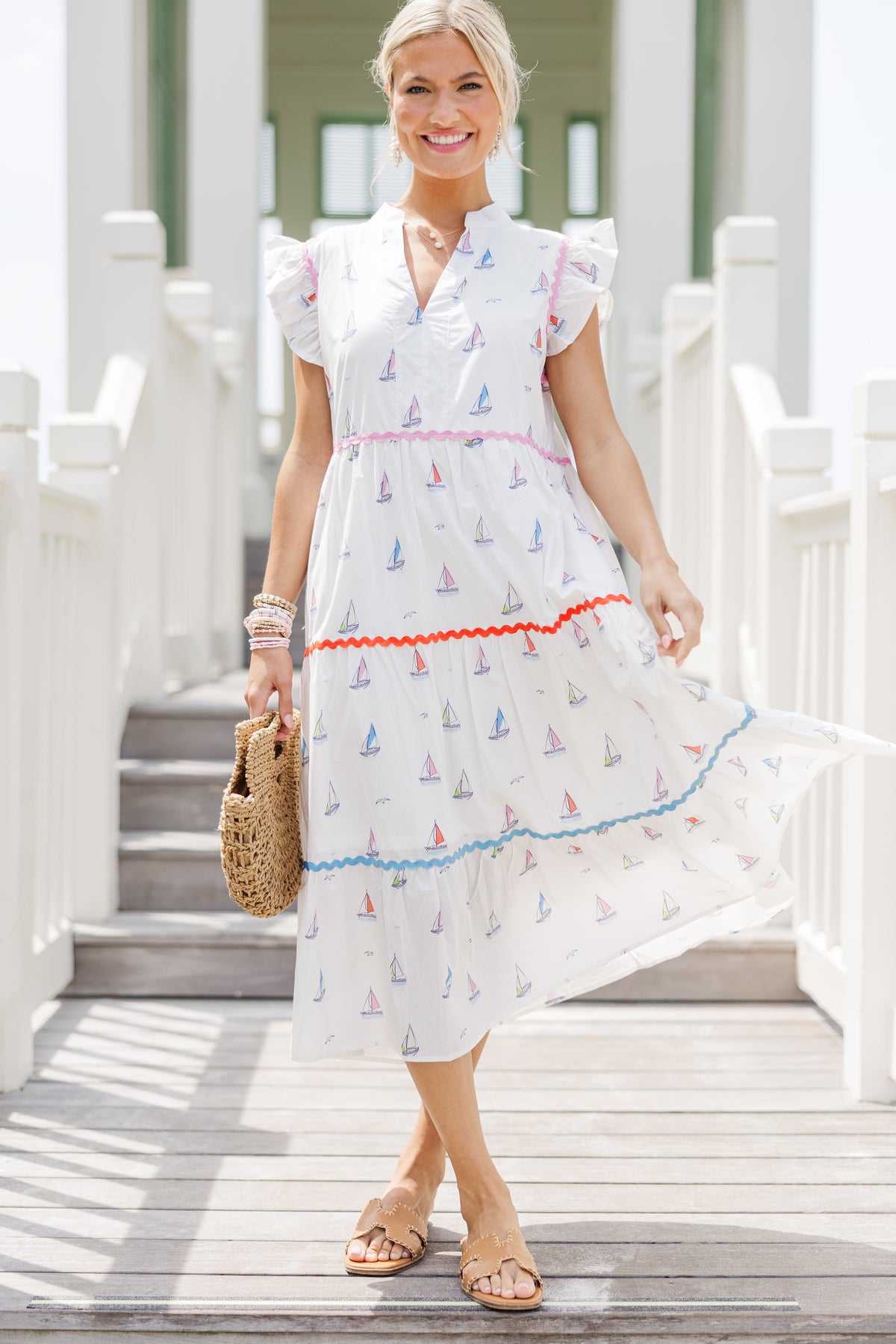 Created Beauty White Sailboat Midi Dress, Large - The Mint Julep Boutique | Women's Boutique Clothing Created Beauty White Sailboat Midi Dress, Large - The Mint Julep Boutique | Women's Boutique Clothing
