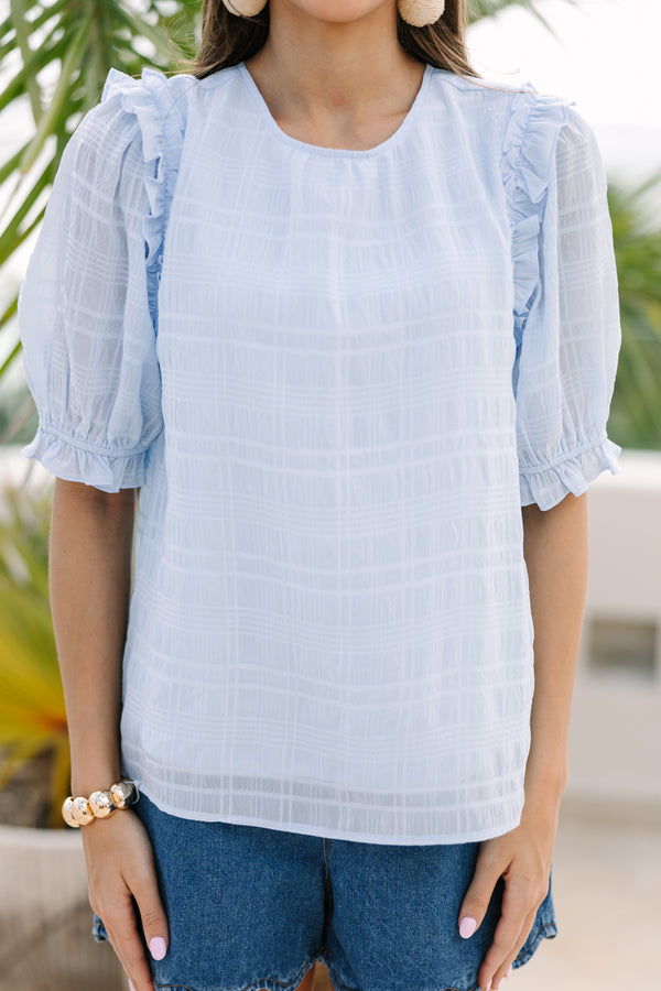 Glad To See You Light Blue Ruffled Blouse