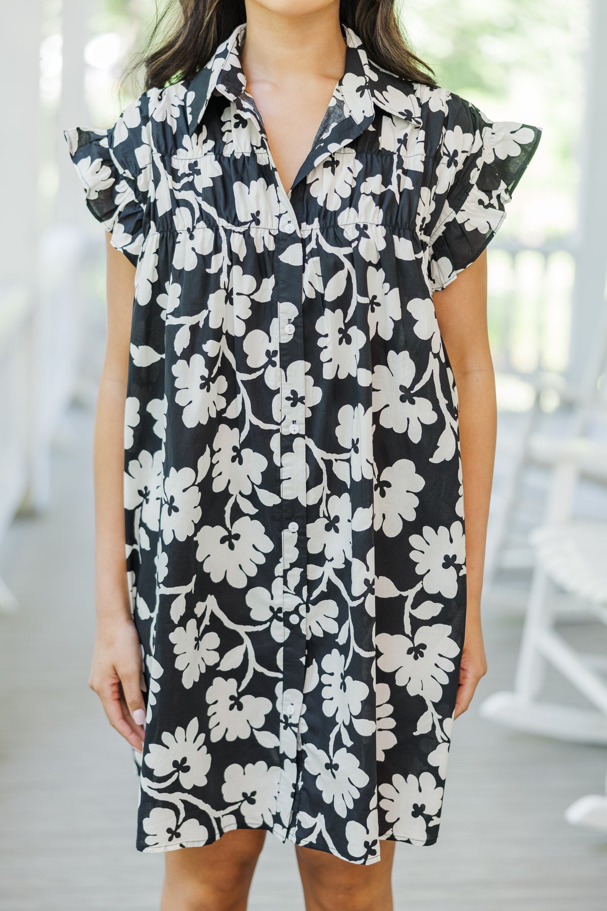Floral Mesh Babydoll Shirt Dress - Black