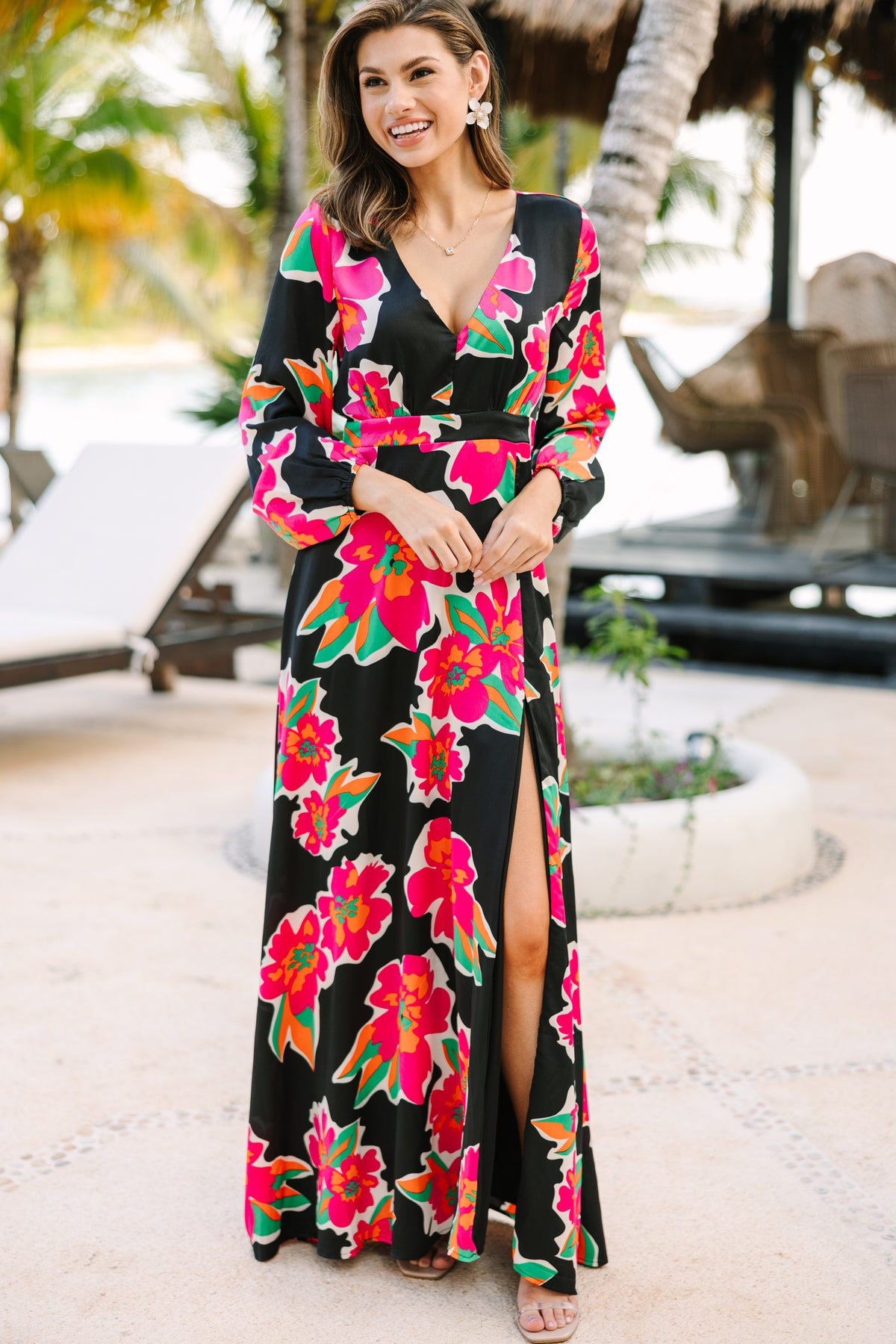 dark floral maxi dress Just Feels Right Black Dress, Medium - The Mint Julep Boutique Wedding Dresses For Hire In Johannesburg Color:OLIVE/OATMEAL Long Sleeve Ivory Chiffon sleeve dress in a
