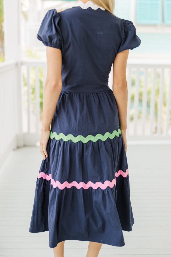 Life's A Party Navy Blue Rickrack Midi Dress Shop the Mint Life's A Party Navy Blue Rickrack Midi Dress Shop the Mint
