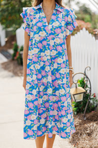 Look You Up Blue & Pink Floral Ruffled Midi Dress