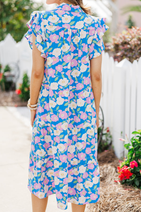 Look You Up Blue & Pink Floral Ruffled Midi Dress