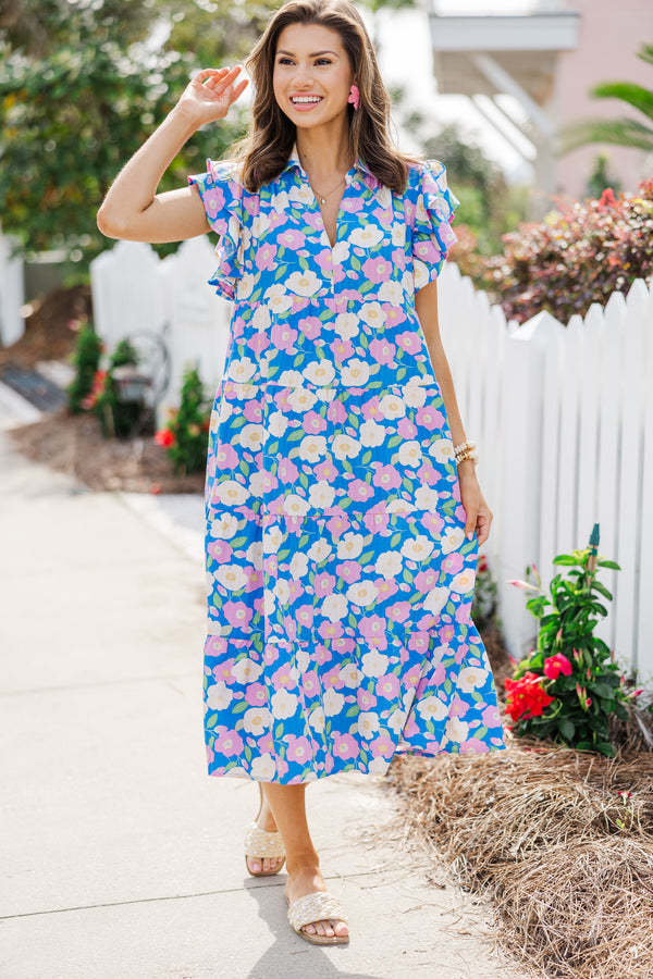 Look You Up Blue & Pink Floral Ruffled Midi Dress Shop the Mint Look You Up Blue & Pink Floral Ruffled Midi Dress Shop the Mint