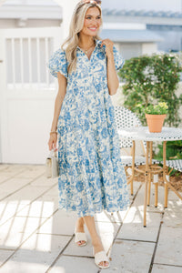 Perfect For You Blue Toile Button Down Midi Dress