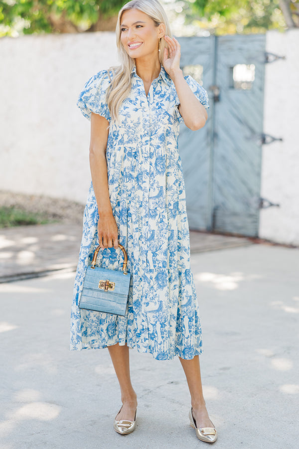 Perfect For You Blue Toile Button Down Midi Dress