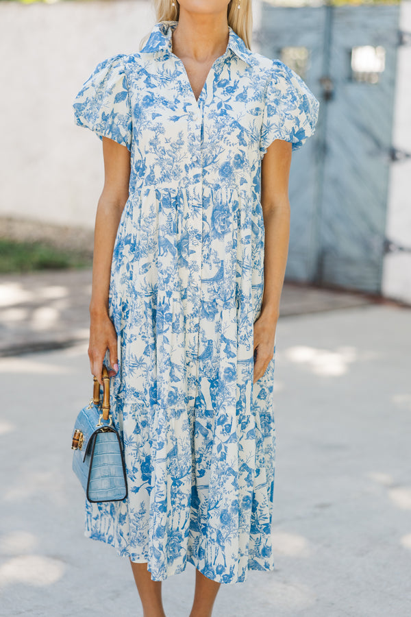 Perfect For You Blue Toile Button Down Midi Dress