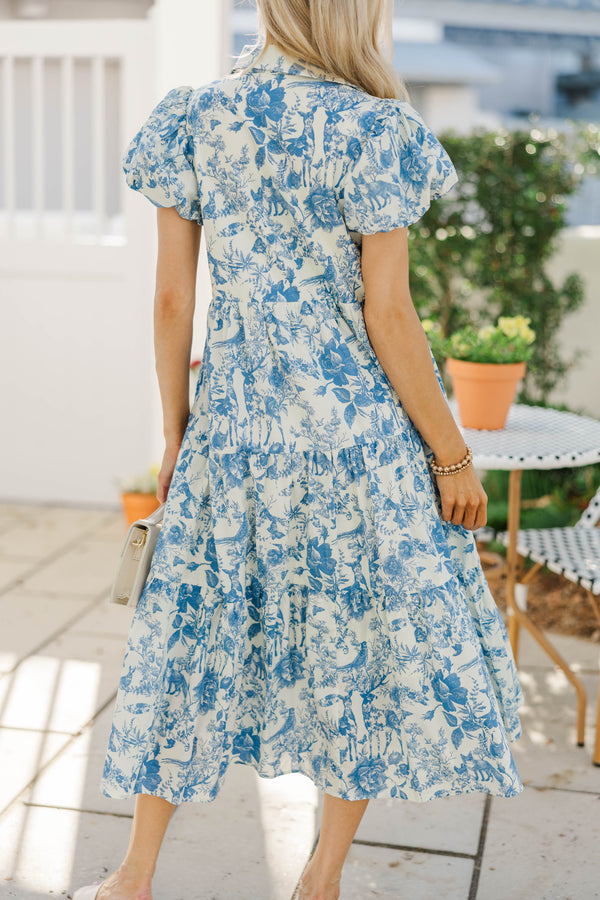 Perfect For You Blue Toile Button Down Midi Dress